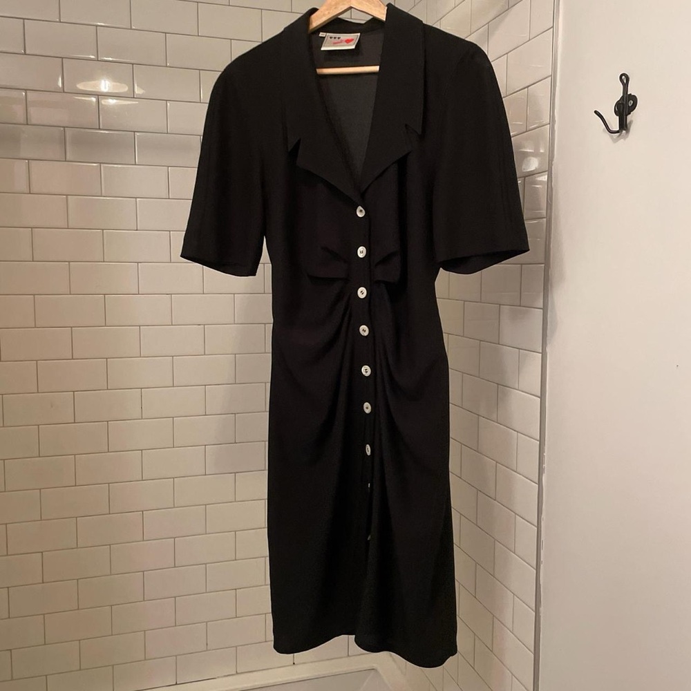 80's Vintage Mondi black silk draped button dress.